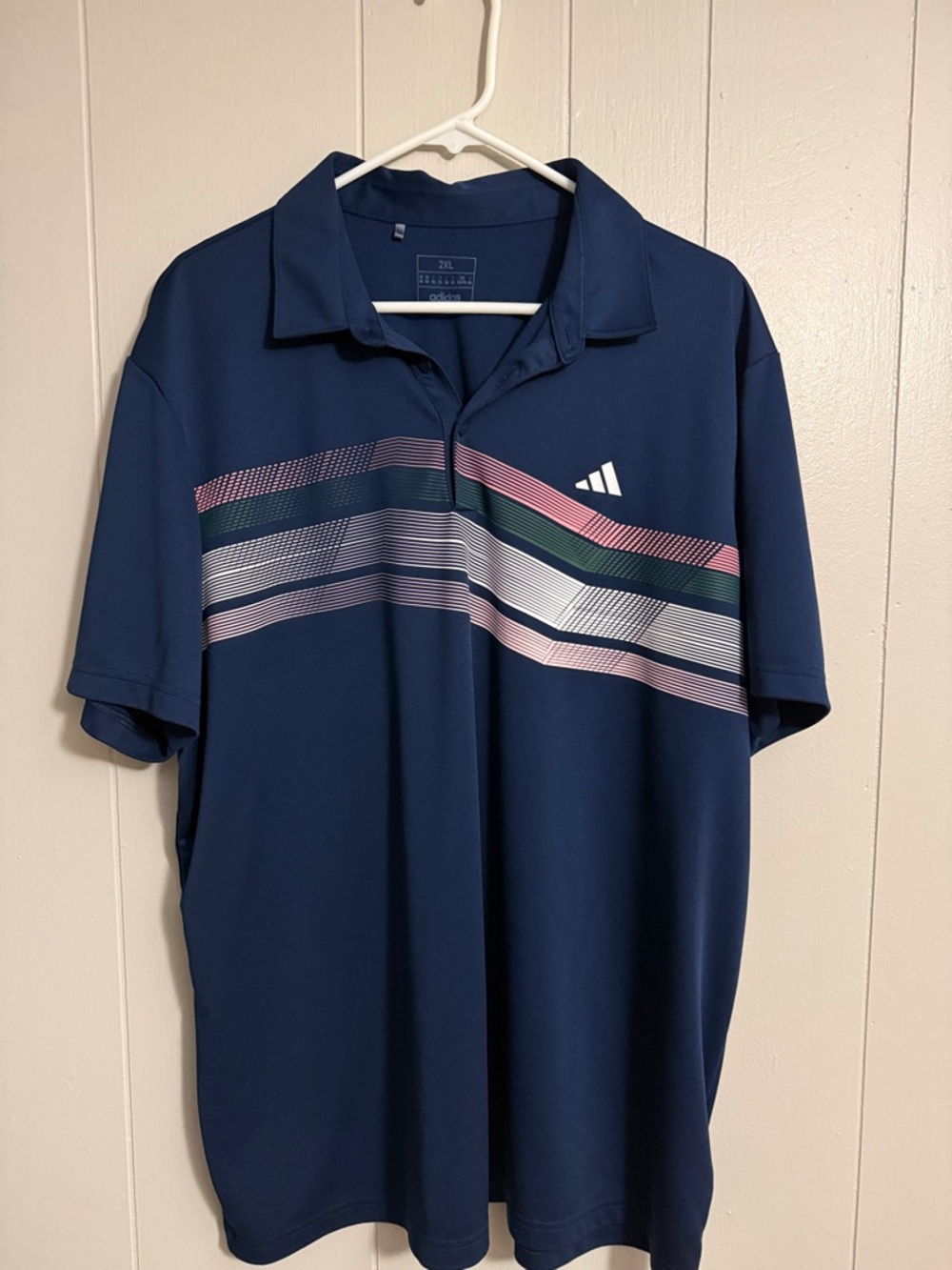 adidas Navy Polo with Pink, Green and White Stripe Detail